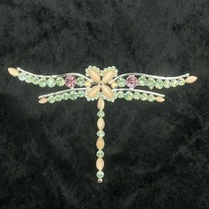 NWT GIVENCHY Dragonfly Pin Brooch Peach Moonstone Silver Tone Green Pink Crystal